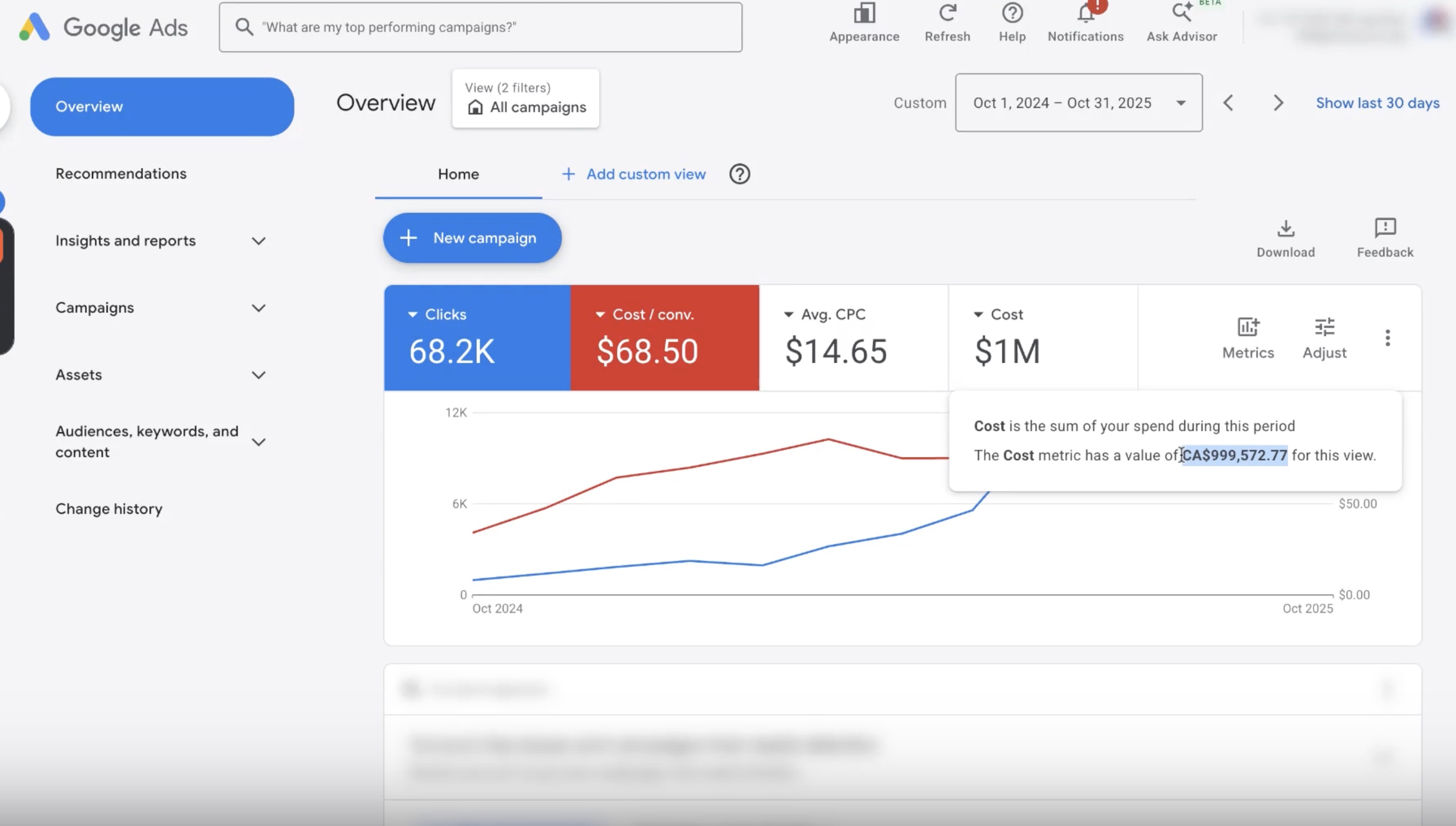 Google Ads overview for the account, Oct 2024 to Oct 2025